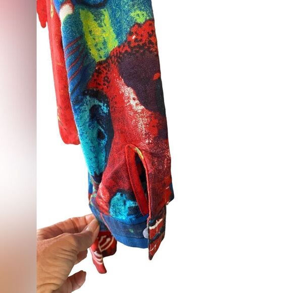 Two-Sided Red Cotton Bohemian Bali Mandarin Collar 3/4 Button Sleeve Tunic - Picture 4 of 8